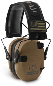 Walker's Patriot Series Battle Brown Razor Slim Electronic Ear Muffs features a USA patch